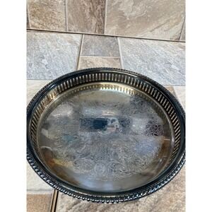 Leonard Silverplate Round Pierced Gallery Tray Etched Floral Scroll 12.5 Inch